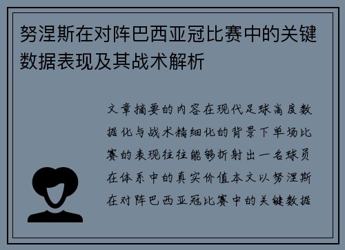 努涅斯在对阵巴西亚冠比赛中的关键数据表现及其战术解析 努涅斯在对阵巴西亚冠比赛中的关键数据表现及其战术解析